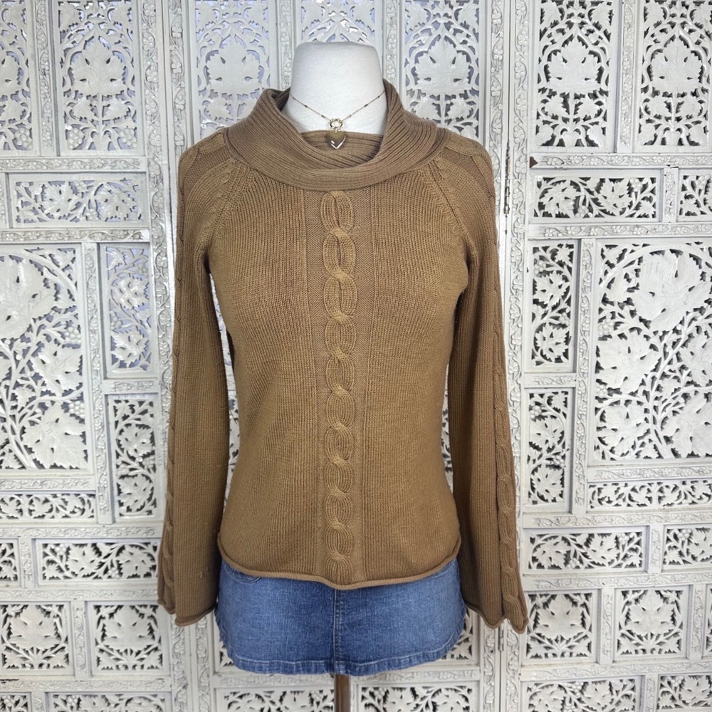 Vtg Heirloom Collectibles Boho Brown Cableknit‎ Flare Sleeve Cowlneck Sweater